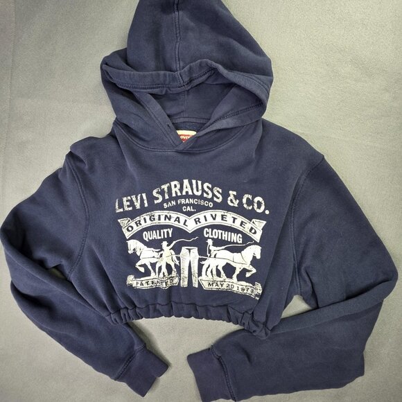Levi's Tops - Levis Hoodie Womens Large Navy Blue Cropped Pullover Logo Sweatshirt Hipster